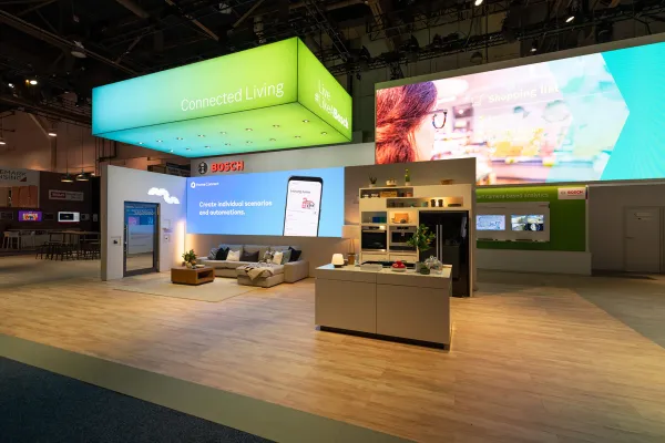 Bosch-Connected-Living-Bereich auf der CES 2020 mit Smart-Home-Technologien und digitaler Vernetzung.